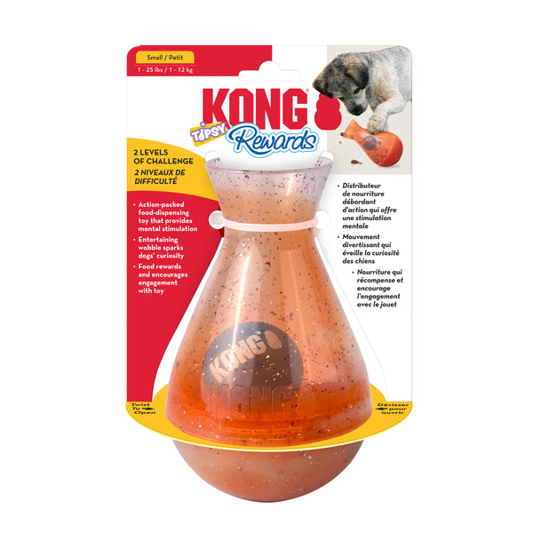 Image of the KONG Rewards Tipsy Treat Dispensing Toy inside its packaging, showcasing the action-packed, treat-dispensing features for dogs.