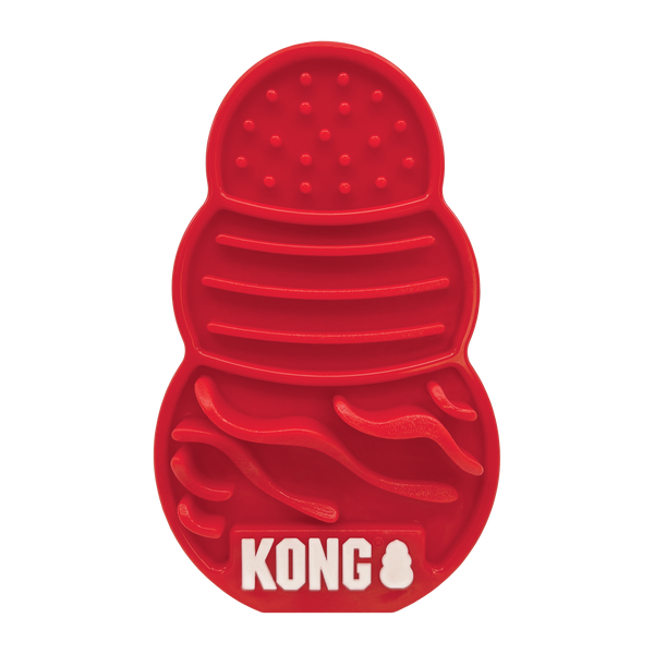 Image showing the front of the KONG Licks lick mat featuring textured ridges and grooves that hold treats and support calming behavior, mental stimulation, and dental health.