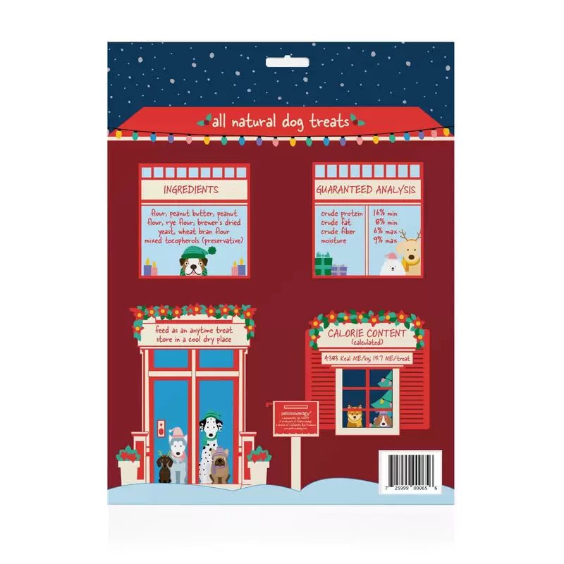 Back view of Spunky Pup Holiday Advent Calendar displaying ingredient list, nutritional information, and small-batch USA production details; highlights natural, additive-free treats, daily festive engagement, and wholesome quality for dogs of all sizes.