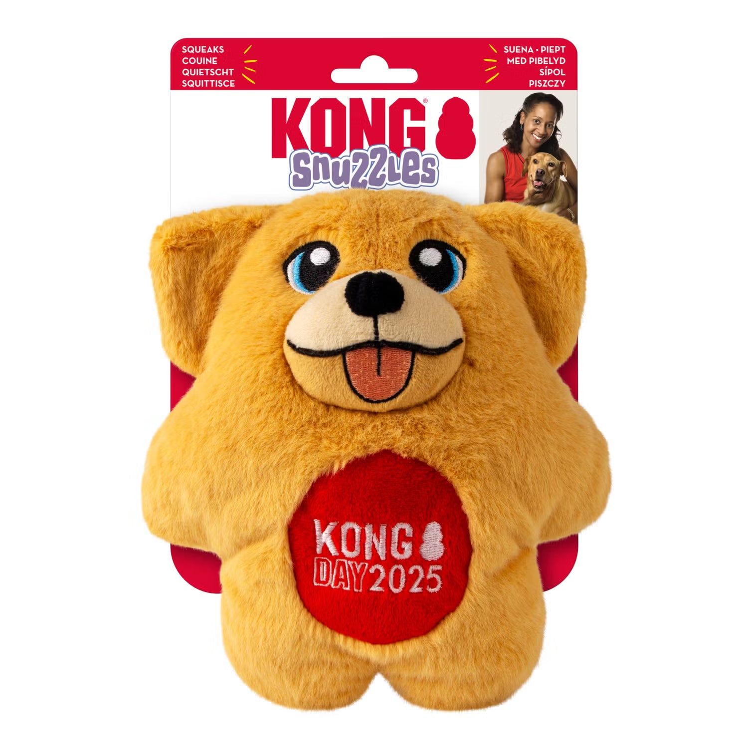 Image of the limited edition KONG Day Snuzzle Pup 2025 plush dog toy, showcasing its ultra-soft plush fabric, flat shape for all dog sizes, and full-body squeaker that promotes healthy chewing and keeps dogs entertained during indoor play.