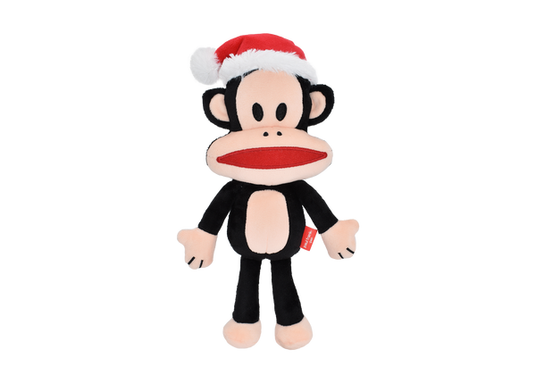 Medium size MultiPet Holiday Paul Frank Julius plush dog toy with a Santa hat, ideal for sensory engagement and holiday fun, featuring squeaks and crinkles for interactive play.