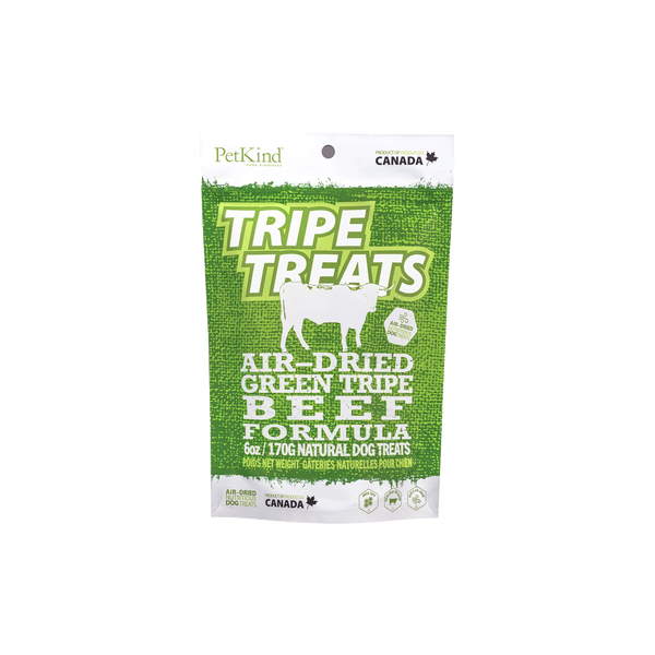 Front view of PetKind Beef Tripe Treats bag, highlighting green tripe benefits for dogs.