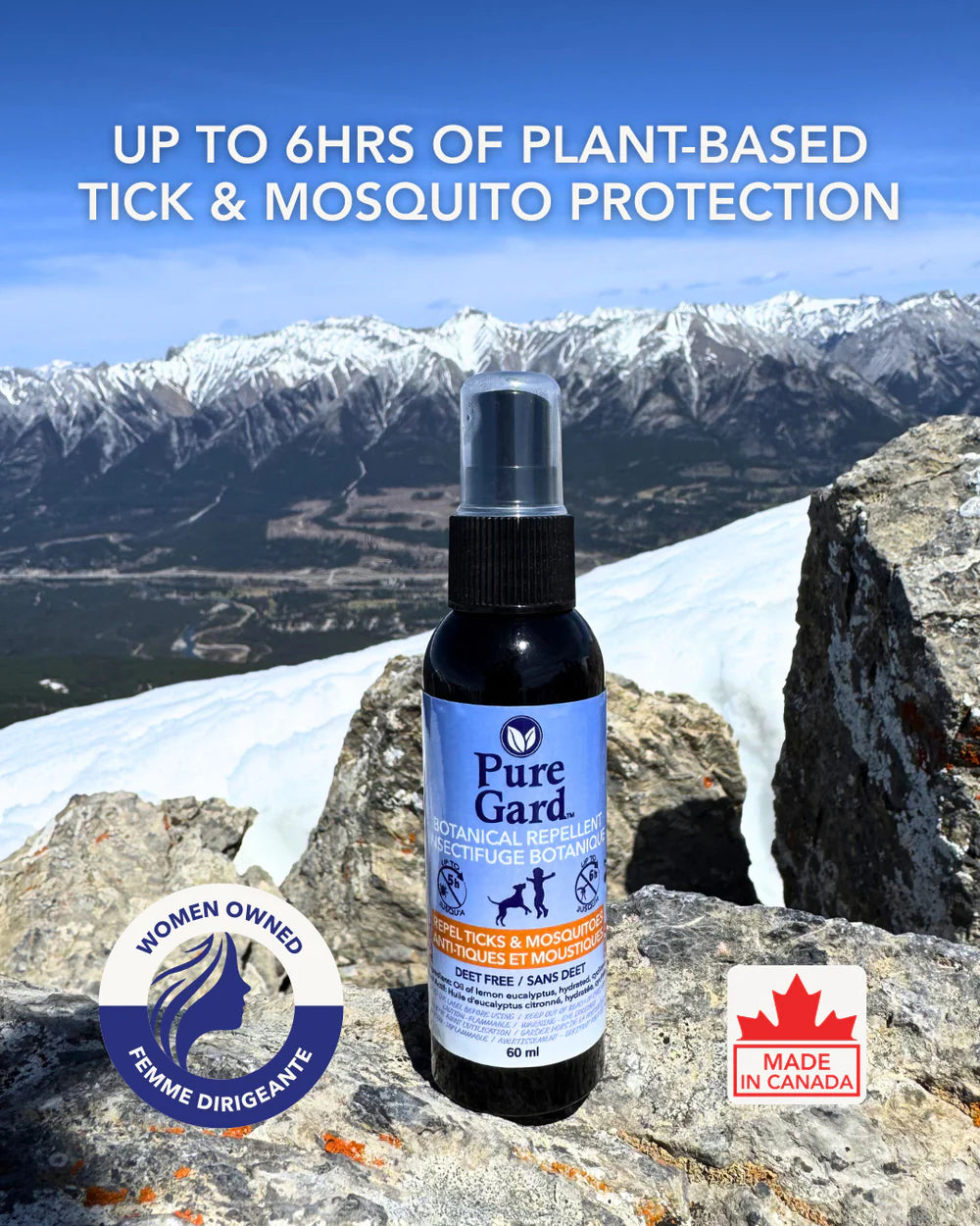 Puregard botanical tick and mosquito repellant is a woman owned business made in Canada that has up to 6 hours of plant based tick and mosquito protection