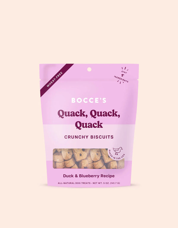 Bocce's Bakery Quack, Quack, Quack Crunchy Treats: A savory sensation featuring real duck, ideal for pups seeking a satisfying crunch.
