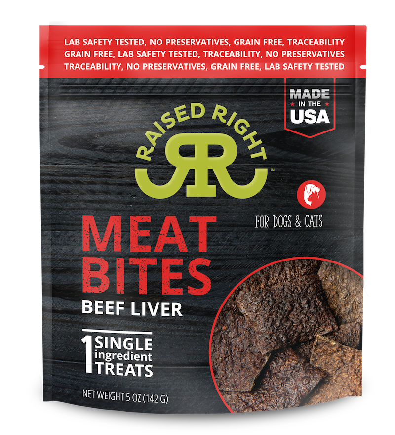 Raised Right Beef Liver Meat Bites Dog Treats, featuring high-quality, single-ingredient beef liver.