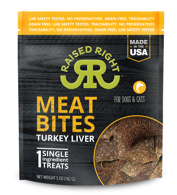 Raised Right Meat Bites - Turkey Liver: Image displaying the turkey liver meat bites, highlighting their premium quality and single-ingredient composition.