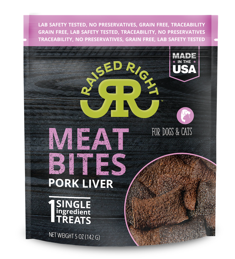 Raised Right Pork Liver Meat Bites Dog Treats, showcasing a single-ingredient, lab-tested, pork liver treat for dogs.