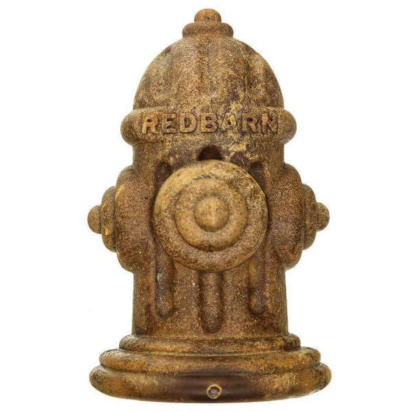 Close-up of the Red Barn Chew-a-Bull Hydrant, highlighting ridges and grooves for tartar reduction and gum massage, made with natural ingredients.