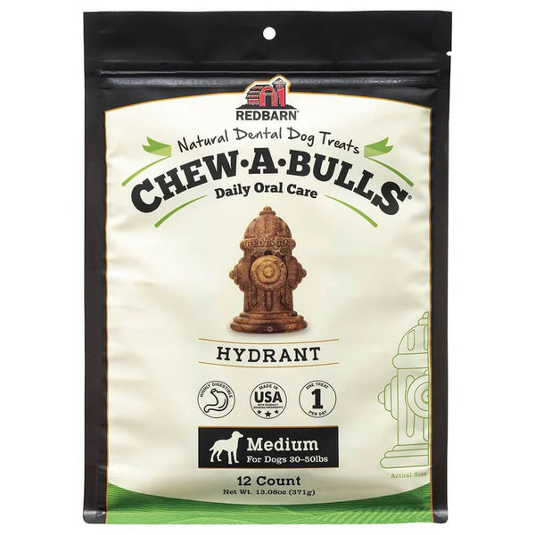 Front view of Red Barn Chew-a-Bull Hydrant multi-pack, showcasing its all-natural ingredients and dental benefits for dogs in a convenient value pack.