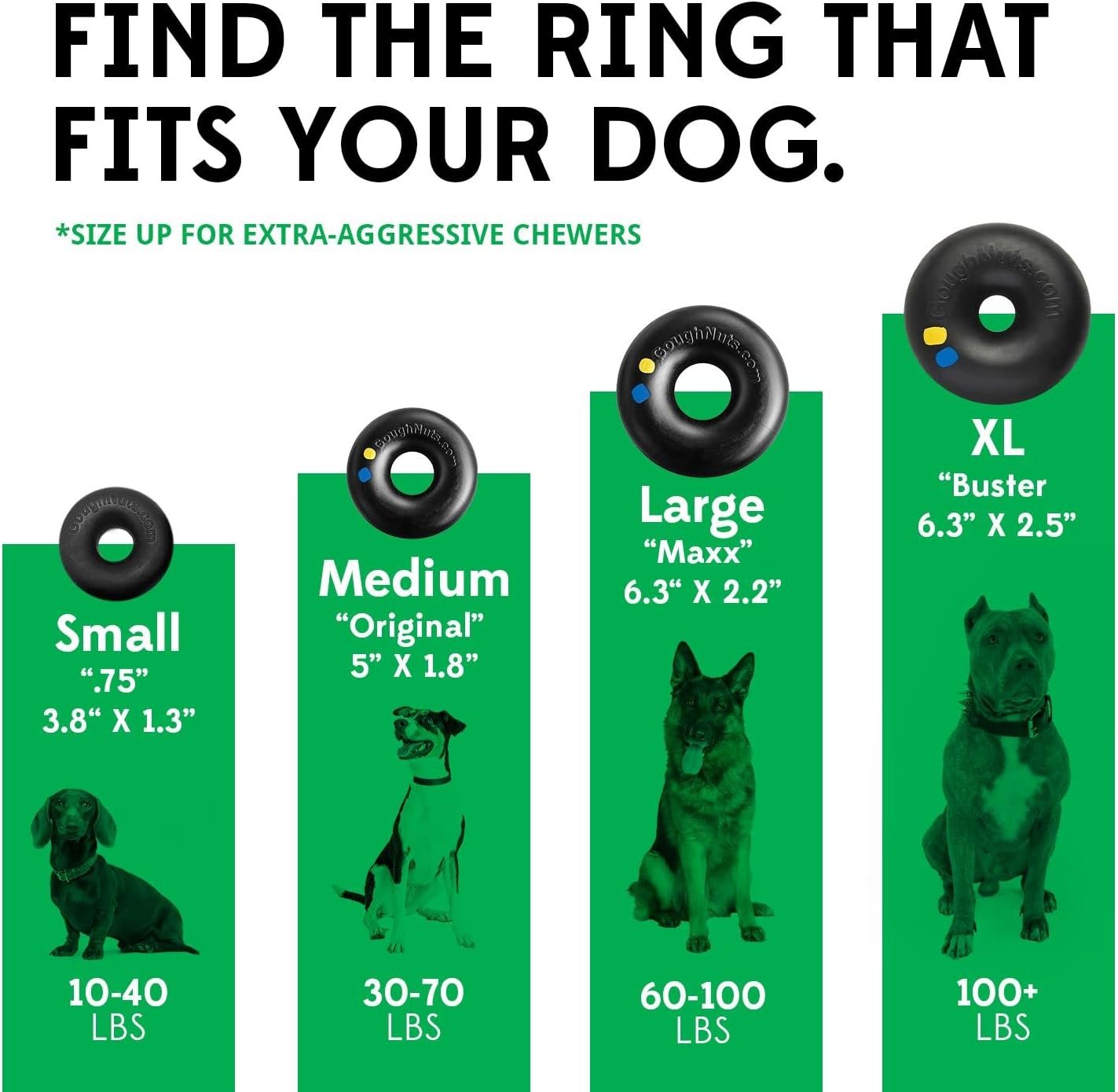 Goughnuts Ring size chart with measurements for accurate selection depending on dogs size.