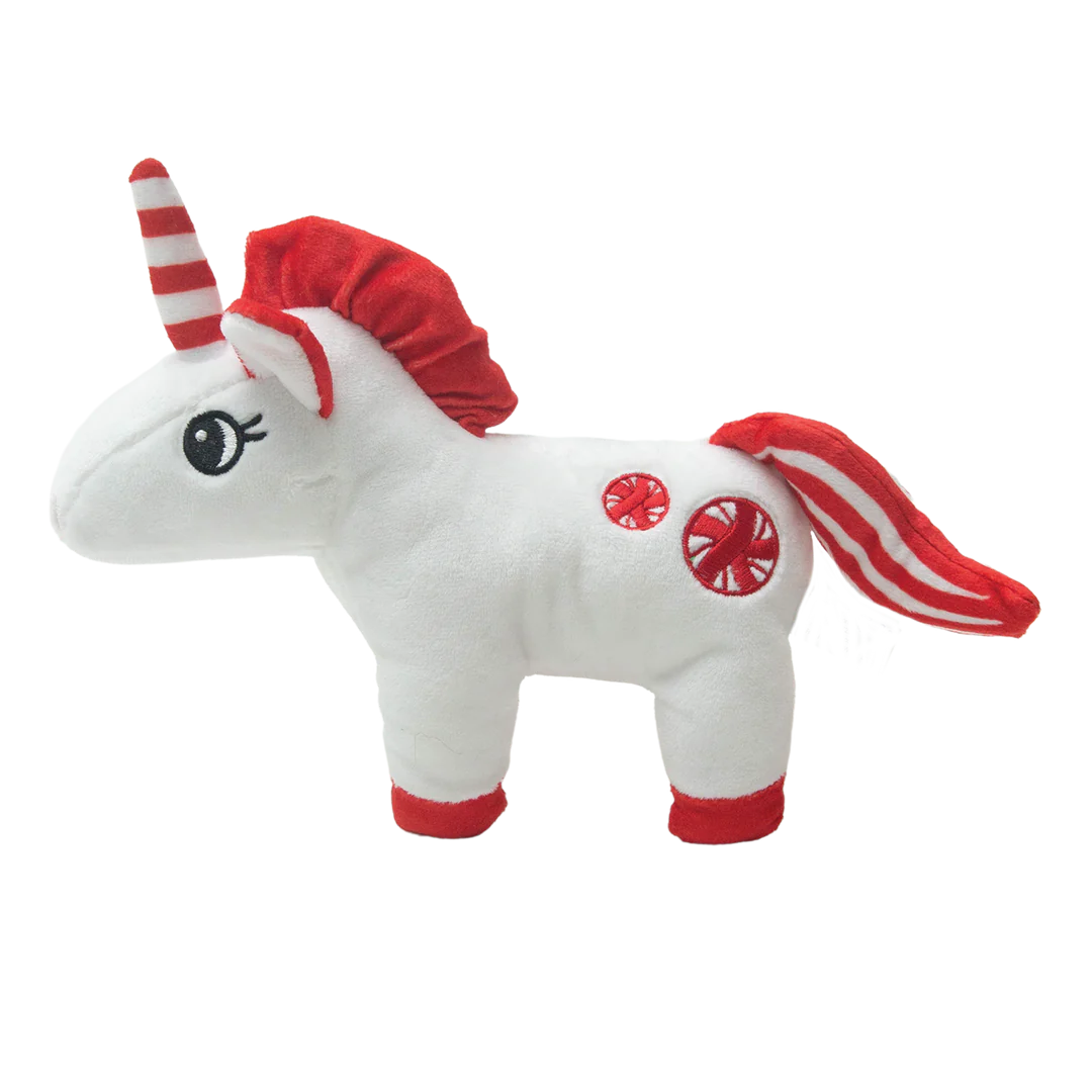 Snugarooz Holiday Pepper the Unicorn Dog Toy, featuring a red and white striped horn, holiday accents, squeaker, and crinkle material for festive play.