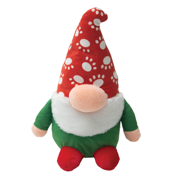 Front view of Snugarooz Sherlock the Gnome Dog Toy in a red hat with paw prints, showing eco-friendly holiday design with crinkle and squeaker features for festive dog playtime.