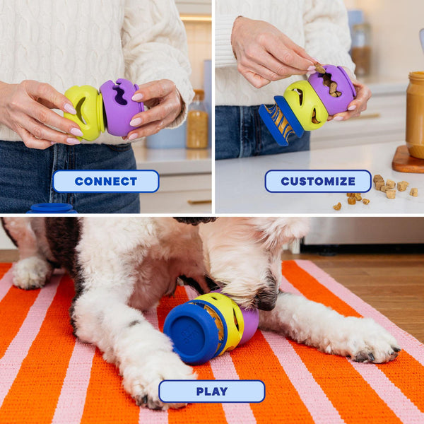 WAGLAB PlayStack modular dog toy system showing customizable connected enrichment pieces that snap together for interactive play, treat dispensing challenges, and longer-lasting engagement