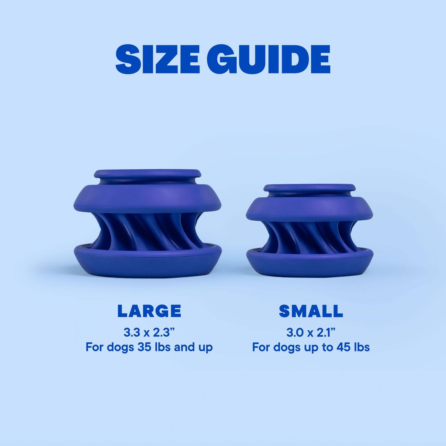 Small and large WAGLAB PlayStack The Slobber Blue dog toys displayed side by side highlighting available size options for small, medium, and large breed dogs