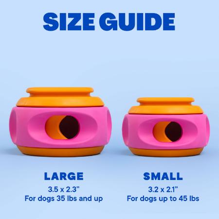Small and large WAGLAB PlayStack The Spinner Pink and Orange dog toys displayed side by side showing available size options for different dog breeds and sizes