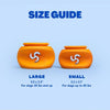 Small and large WAGLAB PlayStack The Bully Orange dog toys side by side displaying size options for different dog breeds while supporting enrichment, chewing, and treat-dispensing play