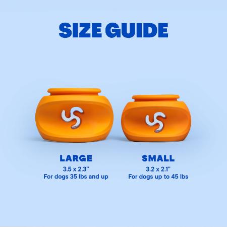 Small and large WAGLAB PlayStack The Bully Orange dog toys side by side displaying size options for different dog breeds while supporting enrichment, chewing, and treat-dispensing play