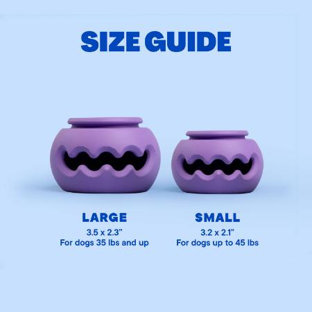 Small and large WAGLAB PlayStack The Squiggle Purple dog toys displayed side by side showing size options for different breeds and enrichment play styles