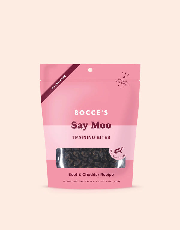 Bag of Bocce's Bakery Training Treats - Say Moo featuring savoury beef flavour.