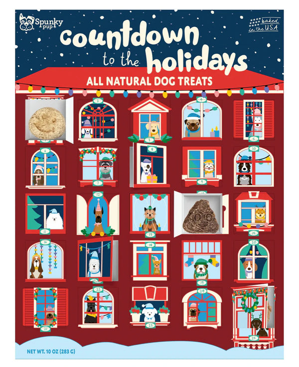 Front view of Spunky Pup Holiday Advent Calendar showing 25 hand-baked dog biscuits behind perforated doors; festive holiday-themed design; treats made with real peanut butter and natural ingredients; free from additives and preservatives; perfect for daily countdown fun, healthy snacking, and holiday engagement for dogs.