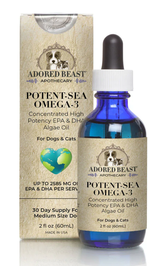 Adored Beast Potent Sea Omega 3: Product bottle with label, providing sustainable omega-3 for pets without harming the oceans.