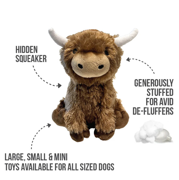 Image of the brown Highland Cow Plushie with arrows pointing to features like soft plush fabric, hidden squeaker, and generous stuffing perfect for gentle play.