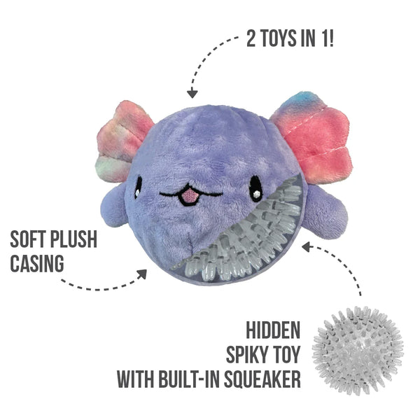 Image of the large purple Axolotl toy with arrows pointing to the tie-dye crinkle fins, squeaker, soft plush exterior, and hidden TPR ball that promotes dental health and engagement.