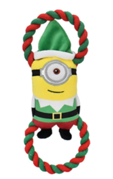 Multipet Minions Stuart the Elf Double Tug dog toy – a festive holiday plush tug toy with sturdy rope handles for tug-of-war games, a built-in squeaker for exciting play, and Minion elf styling that encourages active interactive bonding for dogs of all sizes