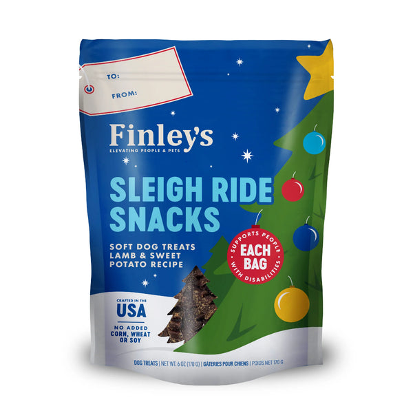 Finley’s Sleigh Ride Snacks bag showing limited-edition, holiday-themed, soft, and chewy dog treats made with all-natural ingredients for easy digestion.