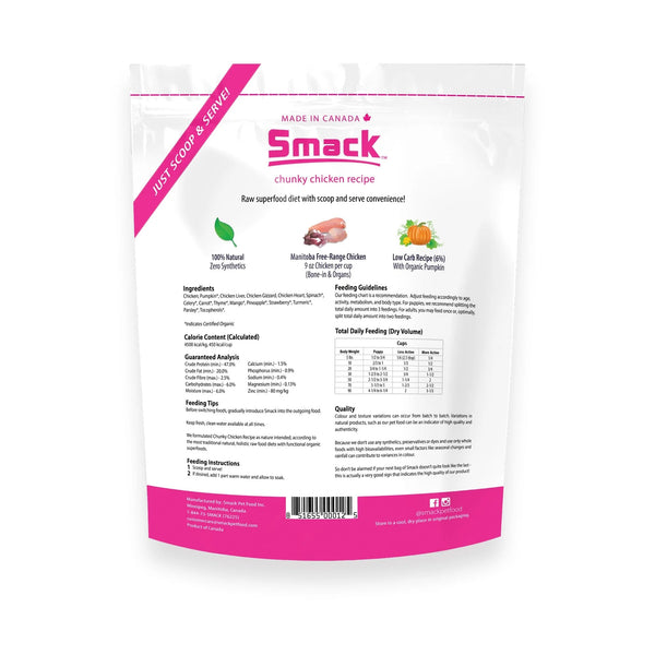 Back view of Smack Dehydrated Raw Dog Food - Chunky Chicken bag highlighting nutritional information and ingredients.