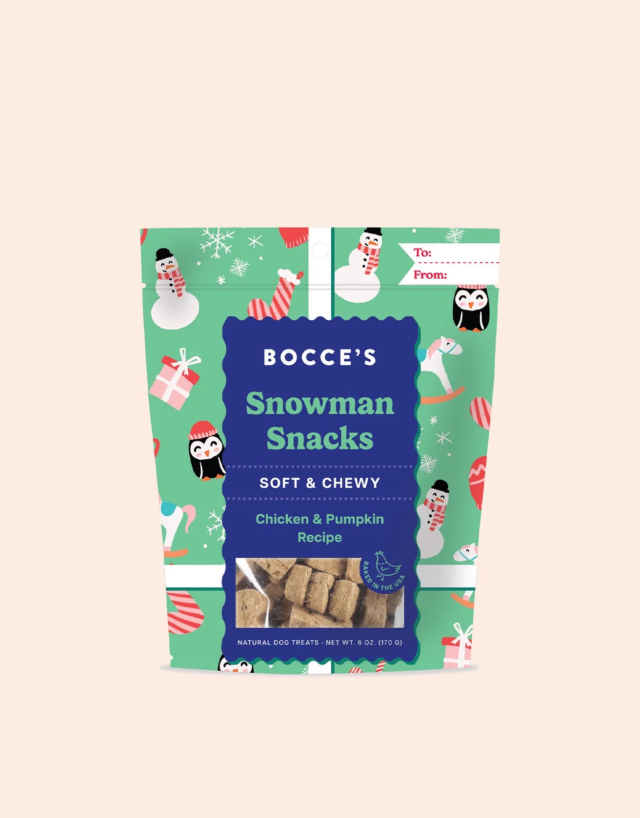 Front of Bocce's Bakery Snowman Snacks bag showing soft and chewy dog treats made with chicken and pumpkin, perfect for a winter-themed snack.