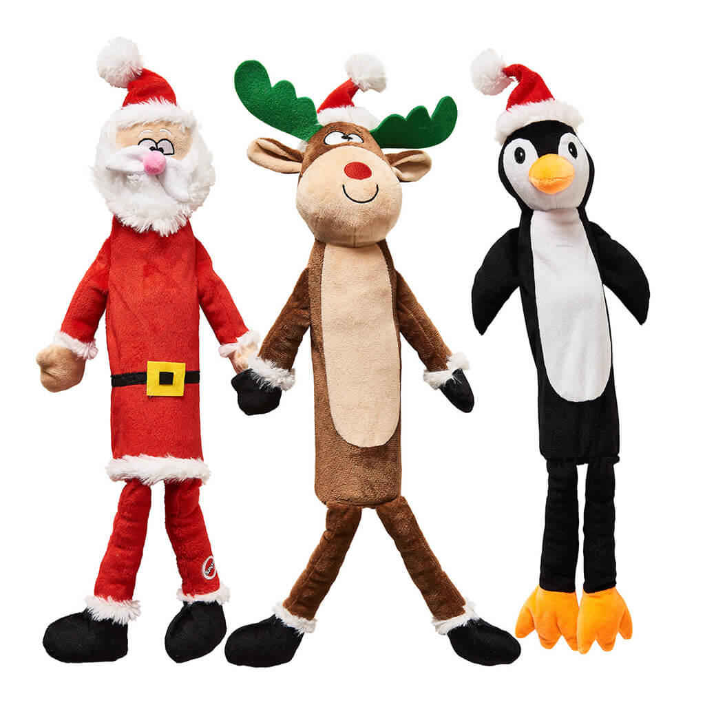 Spot Holiday Bottle Toy 22 inch dog toy – festive Santa, reindeer, and penguin characters with fluffy-trimmed holiday hats featuring a recycled water bottle body for irresistible crunchy sounds, a secure squeaker cap, and eco-friendly ethical construction for exciting holiday play