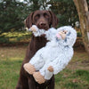 Chocolate Lab carrying the Tall Tails 14” Yeti Plush Dog Toy, showing rope interior durability, soft plush comfort, and safe squeaker for interactive fun.