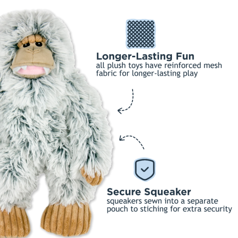 Tall Tails 14” Yeti Plush Dog Toy with squeaker sewn into a separate pouch, reinforced mesh for longer-lasting fun, and eco stuffing from recycled bottles.