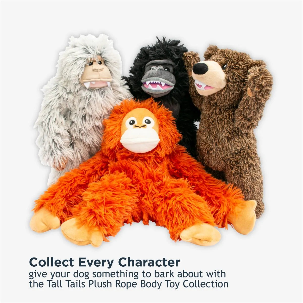 Image showing Tall Tails Rope Body Dog Toy Collection including Yeti, Bear, Orangutan, and Gorilla, all with reinforced mesh, rope interiors, and safe squeakers.