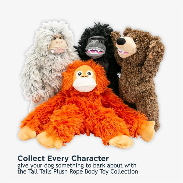 Image showing Tall Tails Rope Body Dog Toy Collection including Yeti, Bear, Orangutan, and Gorilla, all with reinforced mesh, rope interiors, and safe squeakers.