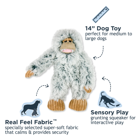 Tall Tails 14” Yeti Plush Dog Toy highlighting perfect size for medium to large dogs, soft fabric for calming comfort, and squeaker for sensory enrichment.