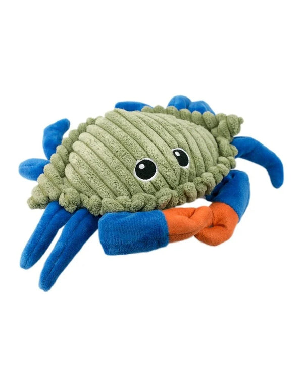 Tall Tails 9” Animated Crab Plush Dog Toy featuring twitchy claws, reinforced mesh fabric, and safe squeaker for durable, interactive, and snuggly fun.