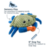 Tall Tails Animated Crab Plush Dog Toy highlighting claw-twitching animation, squeaker for auditory stimulation, and soft plush fabric for calming snuggles.