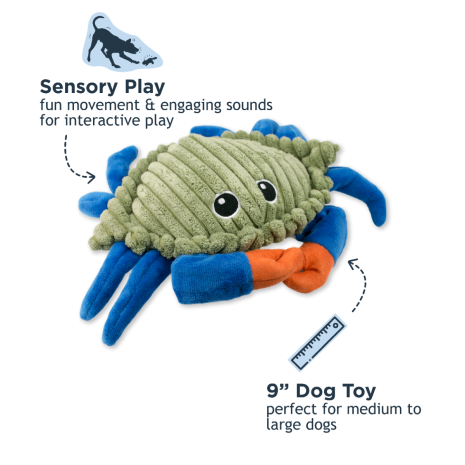 Tall Tails Animated Crab Plush Dog Toy highlighting claw-twitching animation, squeaker for auditory stimulation, and soft plush fabric for calming snuggles.