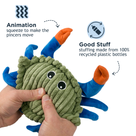 Tall Tails 9” Animated Crab Plush Toy with squeaker sewn into pouch, reinforced mesh for longer-lasting play, and eco-friendly stuffing made from recycled bottles