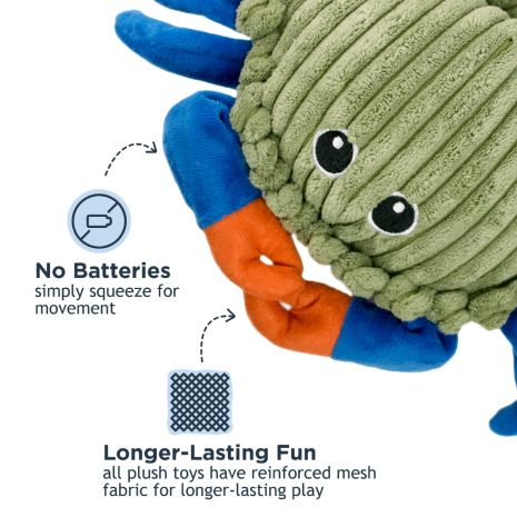 Tall Tails 9” Animated Crab Plush Toy with squeaker sewn into pouch, reinforced mesh for longer-lasting play, and no batteries needed for action