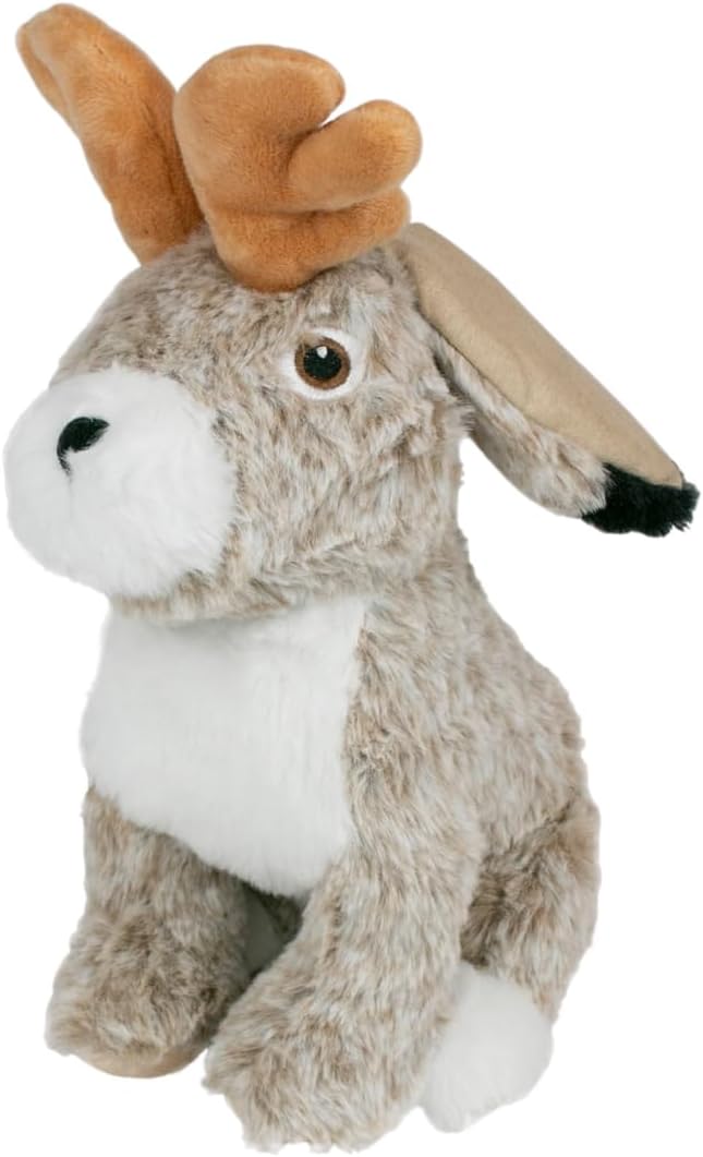 Tall Tails 8” Animated Jackalope Plush Dog Toy with twitchy antlers, reinforced mesh fabric, and safe squeaker for engaging, durable, and cuddly playtime fun.