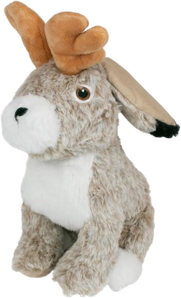 Tall Tails 8” Animated Jackalope Plush Dog Toy with twitchy antlers, reinforced mesh fabric, and safe squeaker for engaging, durable, and cuddly playtime fun.