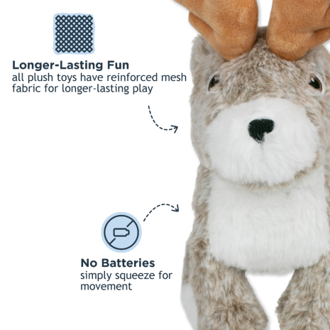 Tall Tails 8” Animated Jackalope Plush Toy with reinforced mesh fabric for longer play, and no batteries required for this fun interactive dog toy