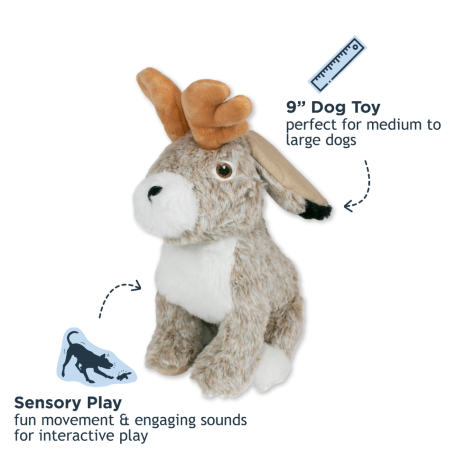 Tall Tails 8” Animated Jackalope Plush Toy with squeaker sewn securely into a pouch, reinforced mesh fabric for longer play