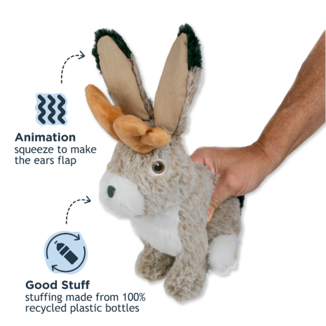 Tall Tails 8” Animated Jackalope Plush Toy with eco stuffing from recycled bottles and fun twitchy ears for interactive play with your dog