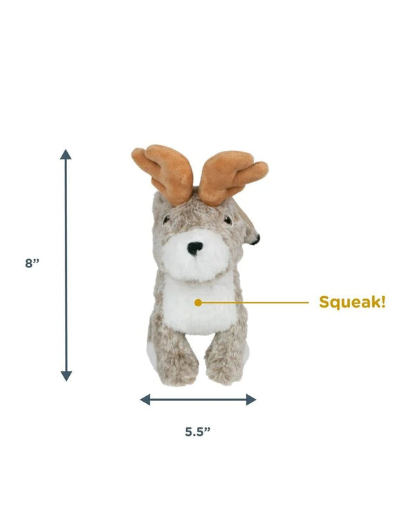Tall Tails Animated Jackalope Plush Dog Toy shown with 8” x 5.5” dimensions, sized perfectly for small to medium dogs who love interactive play and cuddles.