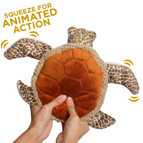 Tall Tails 9” Animated Sea Turtle Plush Dog Toy showing if you squeeze the shell it activates the flippers 