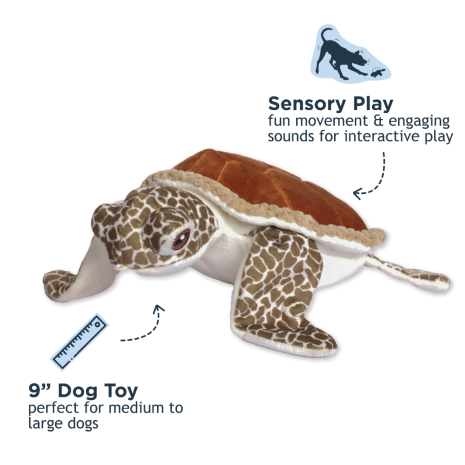 Tall Tails Animated Sea Turtle Plush Toy showing twitchy flipper animation, squeaker for auditory stimulation, and plush softness for cuddles and calming comfort.